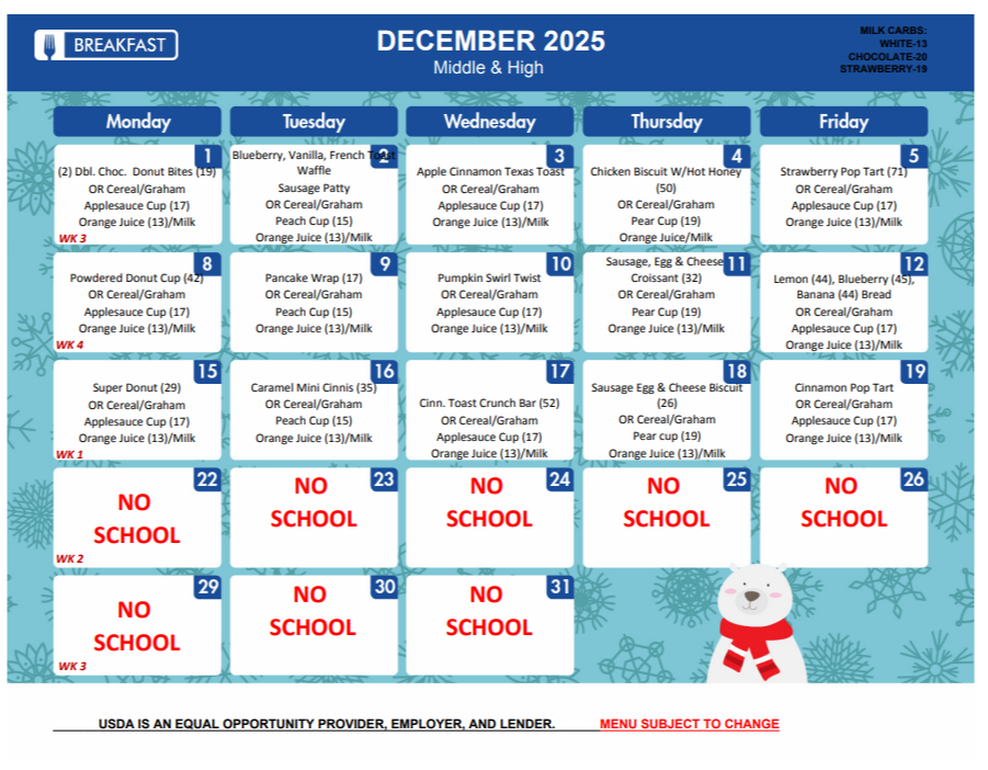 Breakfast Menu December