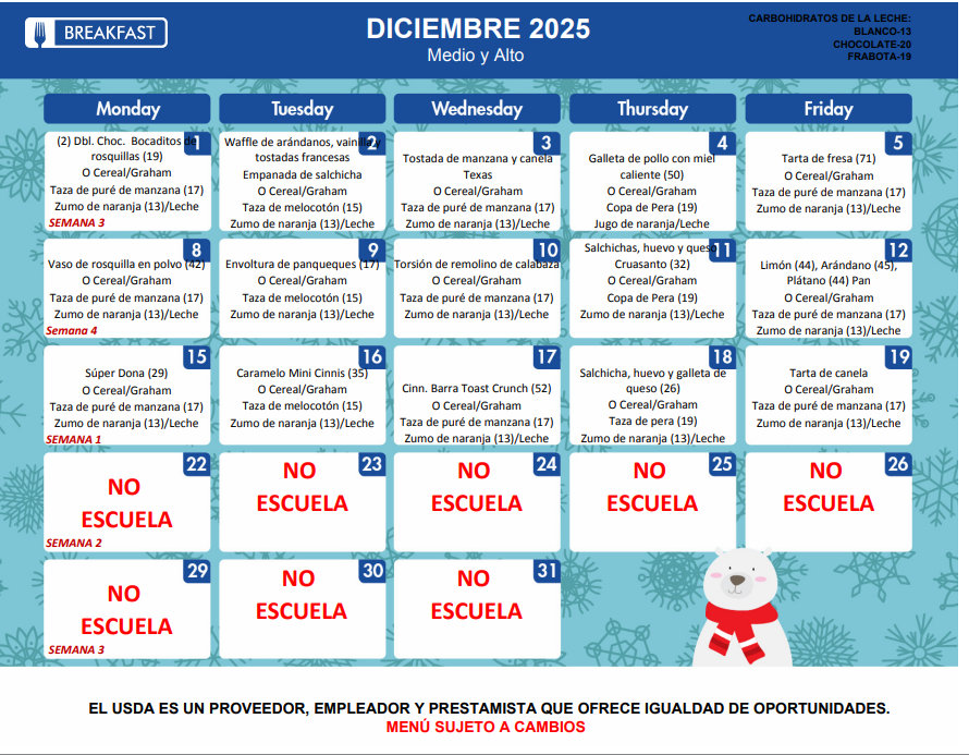 Spanish Breakfast Menu December