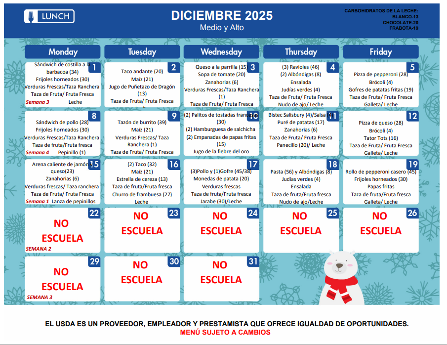 Spanish Lunch Menu December