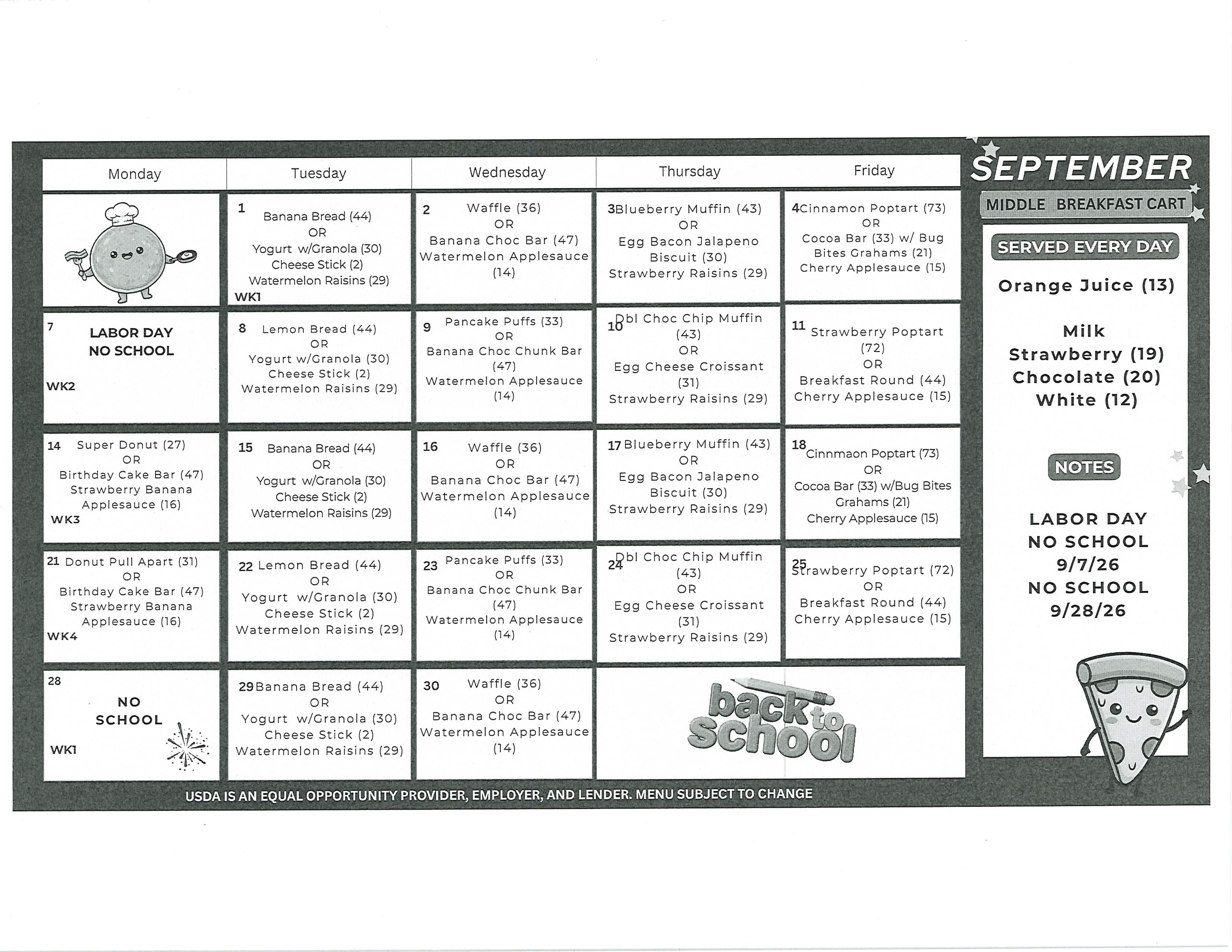 September Breakfast Cart Menu