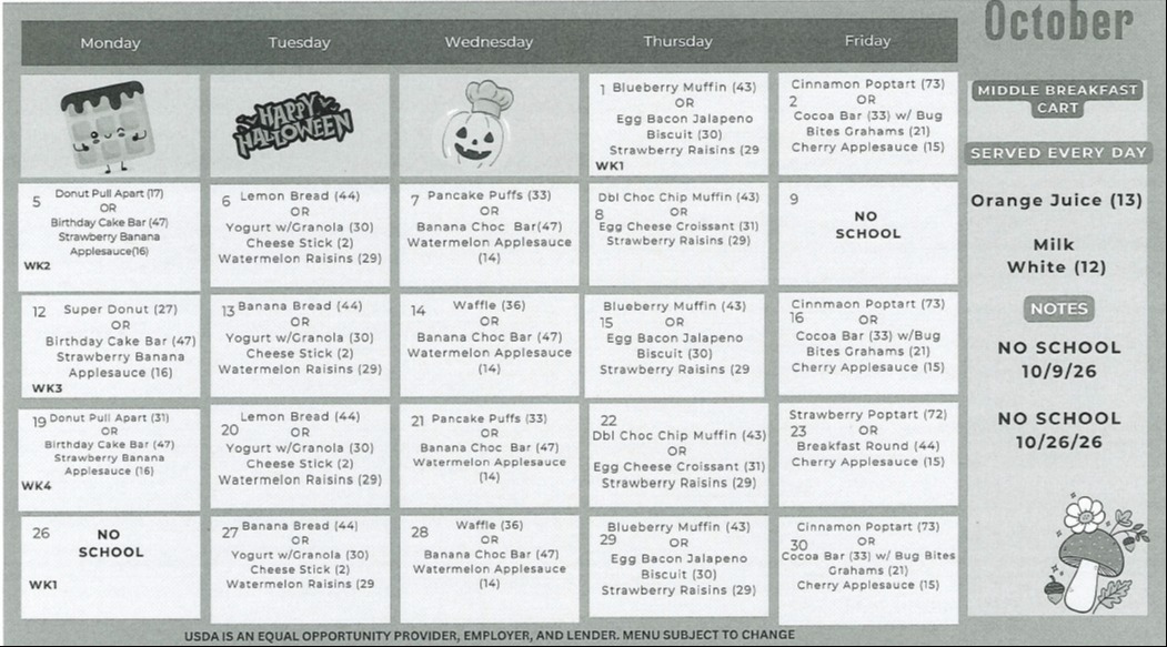 October Breakfast Cart Menu