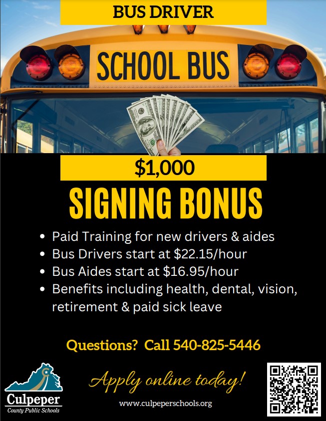 Ad for drivers and bus aides, Paid Training for new drivers & aides Bus Drivers start at $22.15/hour Bus Aides start at $16.95/hour Benefits including health, dental, vision, retirement & paid sick leave, $1,000 signing bonus