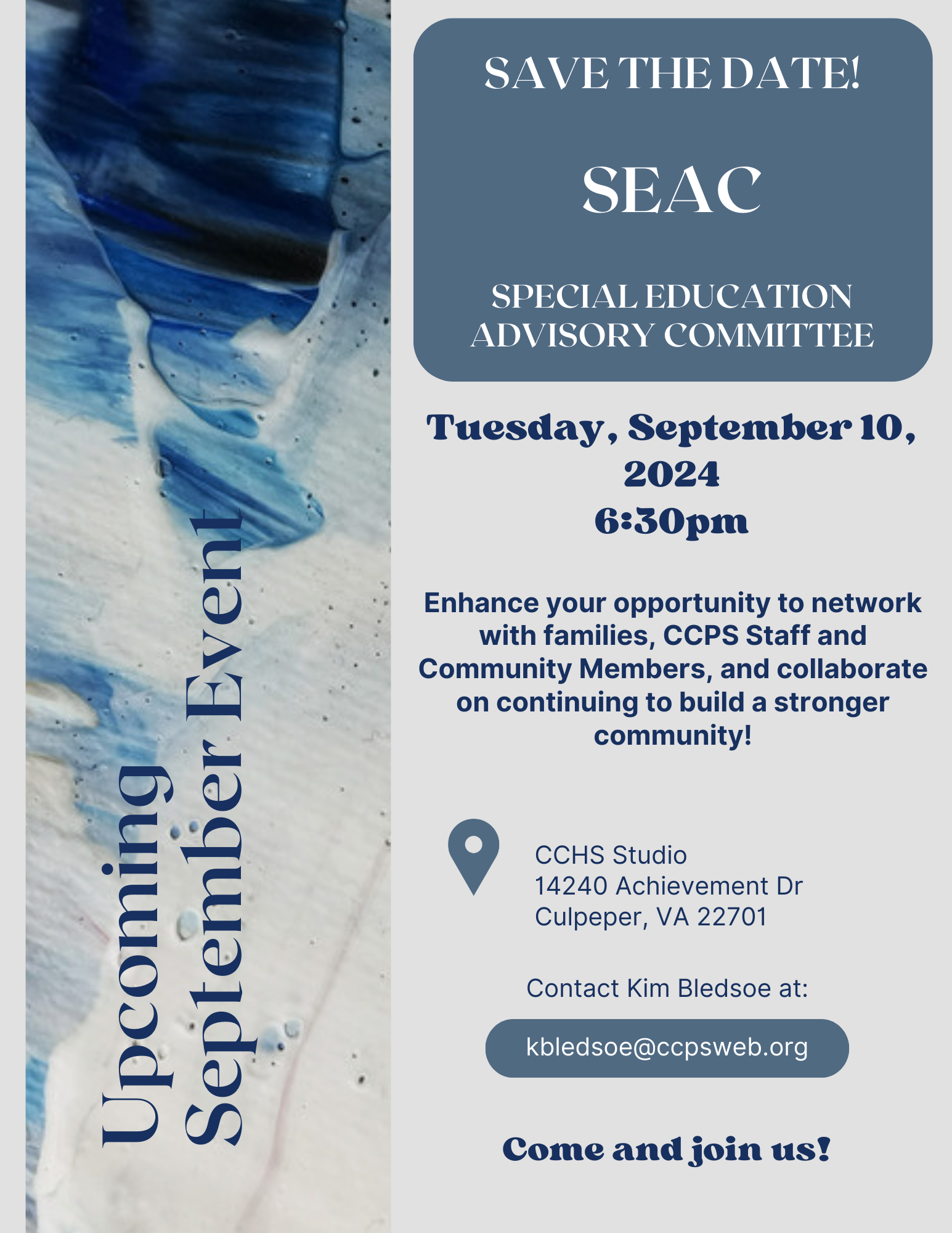 The first SEAC meeting on Tuesday, September 10, 2024 at 6:30pm in the Studio at CCHS