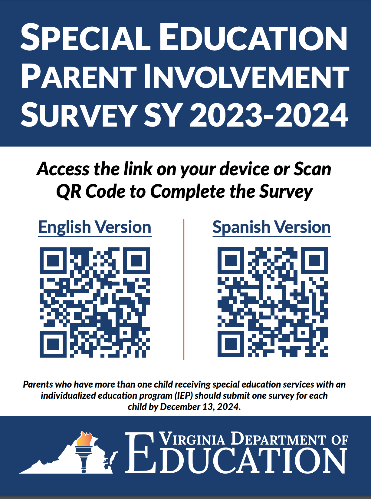 Virginia Department of Education flyer with blue banners across the top and bottom with text that says Special Education Parent Involvement  Survey SY 2023-2024.  Two QR codes between the blue banners, English version on the left and Spanish version on the right with additional text that says parents who have more than one child receiving special education services with an individualized education program (IEP) should submit one survey for each child by December 13,2024