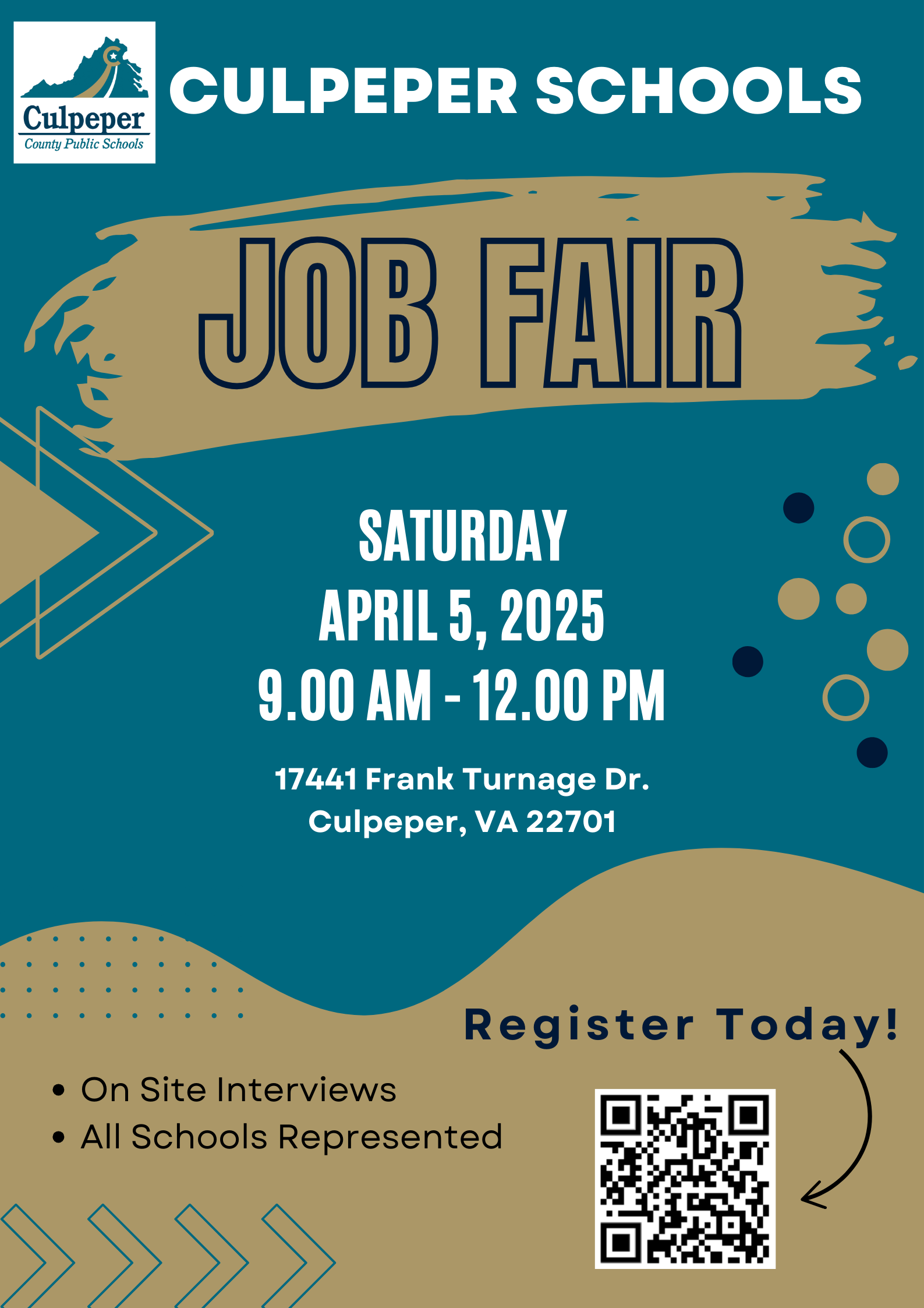 Graphic promoting the Culpeper County Public Schools Job Fair. Text reads: 'Culpeper Schools Job Fair. Saturday, April 5, 2025, 9:00 AM - 12:00 PM, 17441 Frank Turnage Dr., Culpeper, VA 22701. On-site interviews. All schools represented.' The graphic includes a QR code with the text 'Register Today!' and uses a teal and beige color scheme with geometric accents.