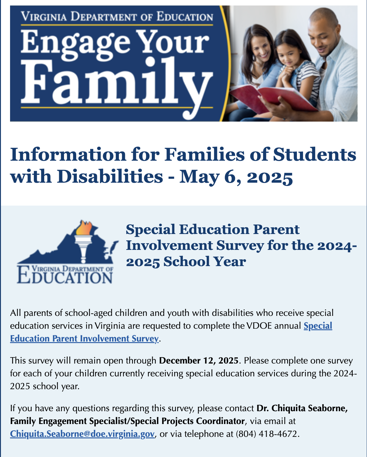 Blue box with white lettering that states Virginia Department fo Education Engage your Family. With a Picture of a family to the right. In a larger white box underneath, it states Information for Families of Students with Disabilities - May 6, 2025