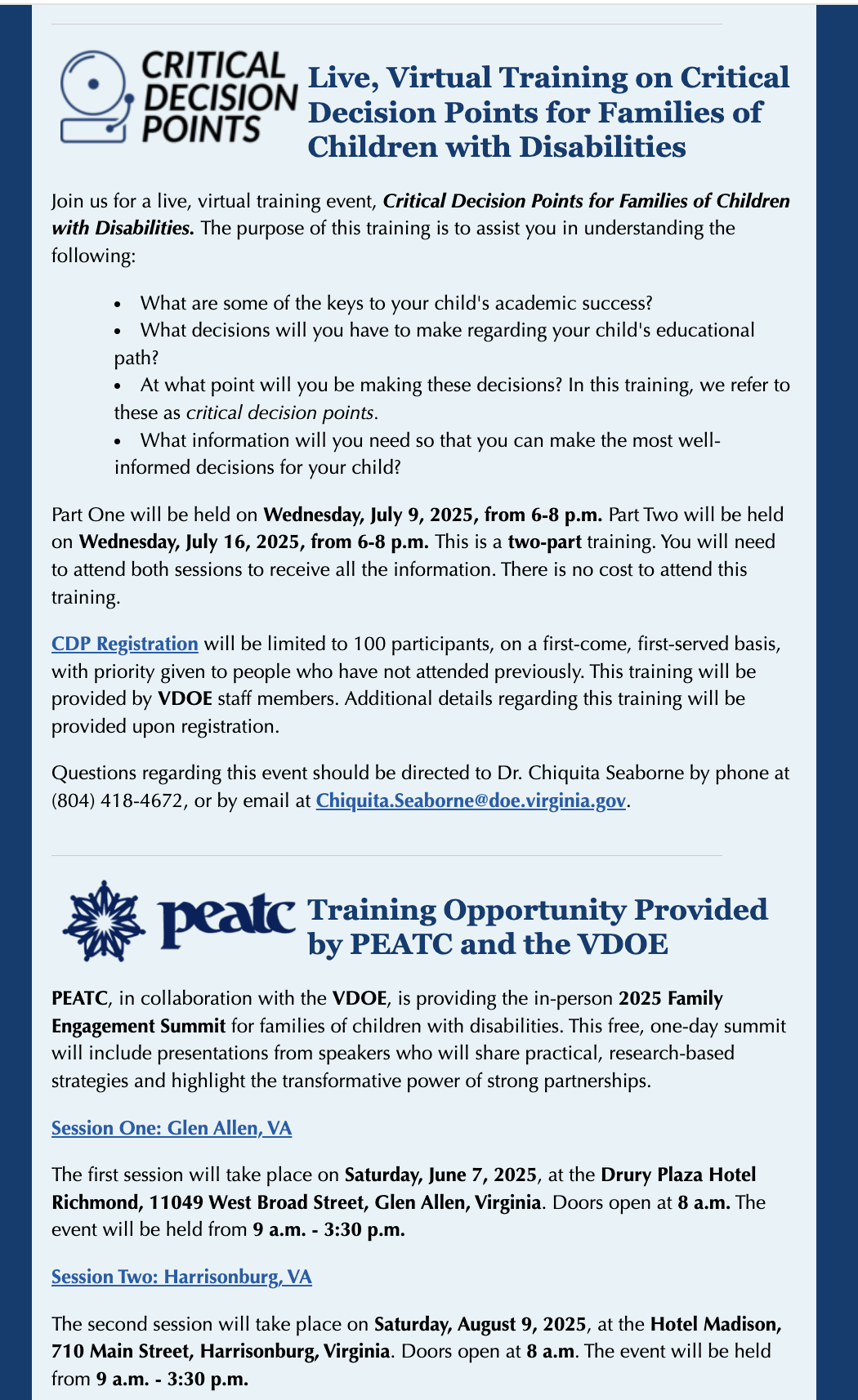 Blue box with info from VDOE on Critical Decision Making and PEATC