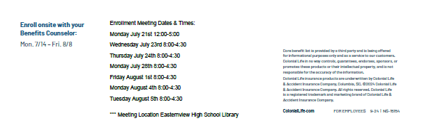 Bottom section of the flyer listing onsite enrollment meeting dates and times at Eastern View High School Library. Sessions are scheduled as follows: Monday, July 21 from 12:00 PM–5:00 PM; Wednesday, July 23 from 8:00 AM–4:30 PM; Thursday, July 24 from 8:00 AM–4:30 PM; Monday, July 28 from 8:00 AM–4:30 PM; Friday, August 1 from 8:00 AM–4:30 PM; Monday, August 4 from 8:00 AM–4:30 PM; and Tuesday, August 5 from 8:00 AM–4:30 PM."