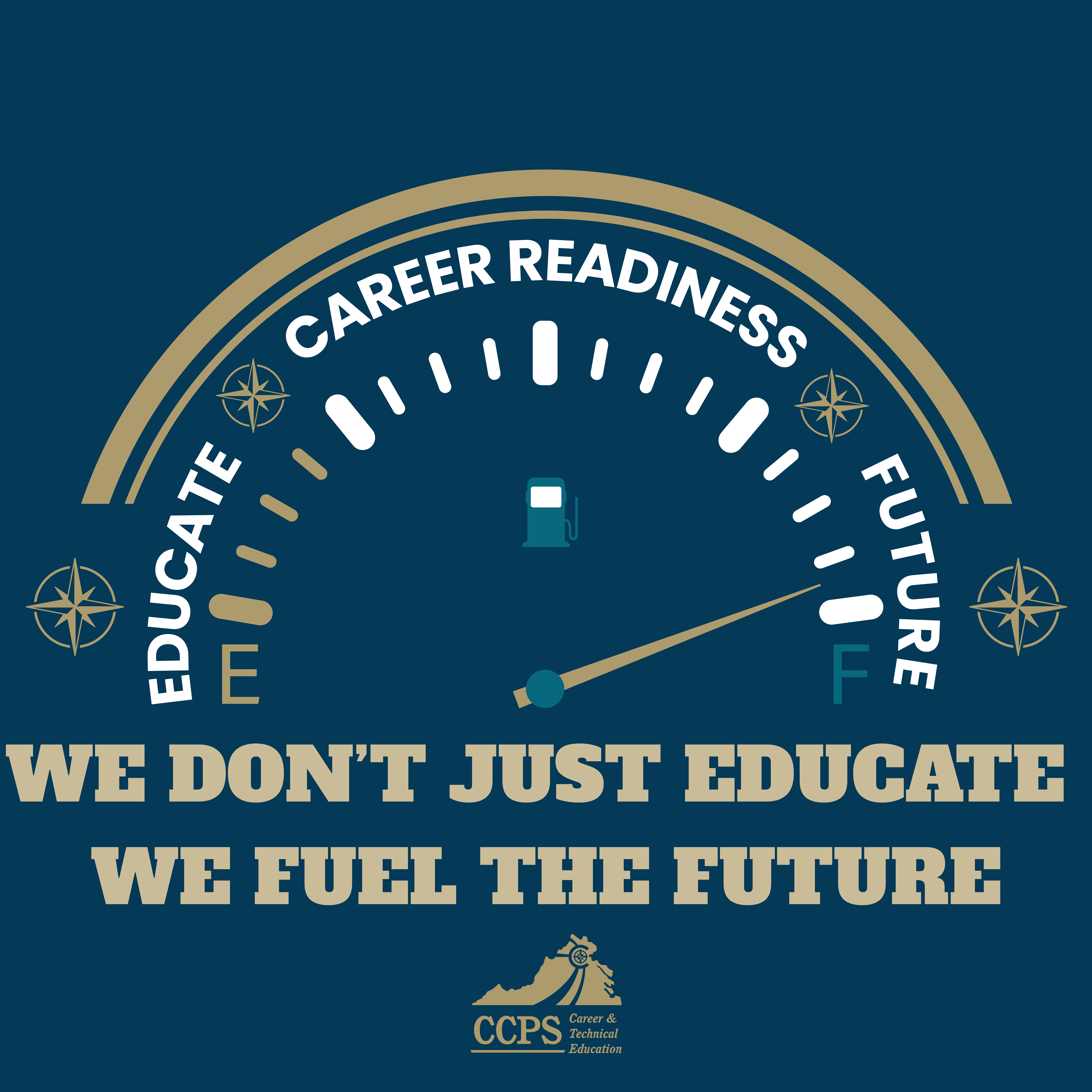 Graphic of a fuel gauge on a dark blue background. The gauge markings read ‘Educate’ near empty, ‘Career Readiness’ in the middle, and ‘Future’ near full. The needle points toward full. A small fuel pump icon appears in the center of the gauge, and four compass rose symbols are placed around it. Below, large tan text reads: ‘We don’t just educate, we fuel the future.