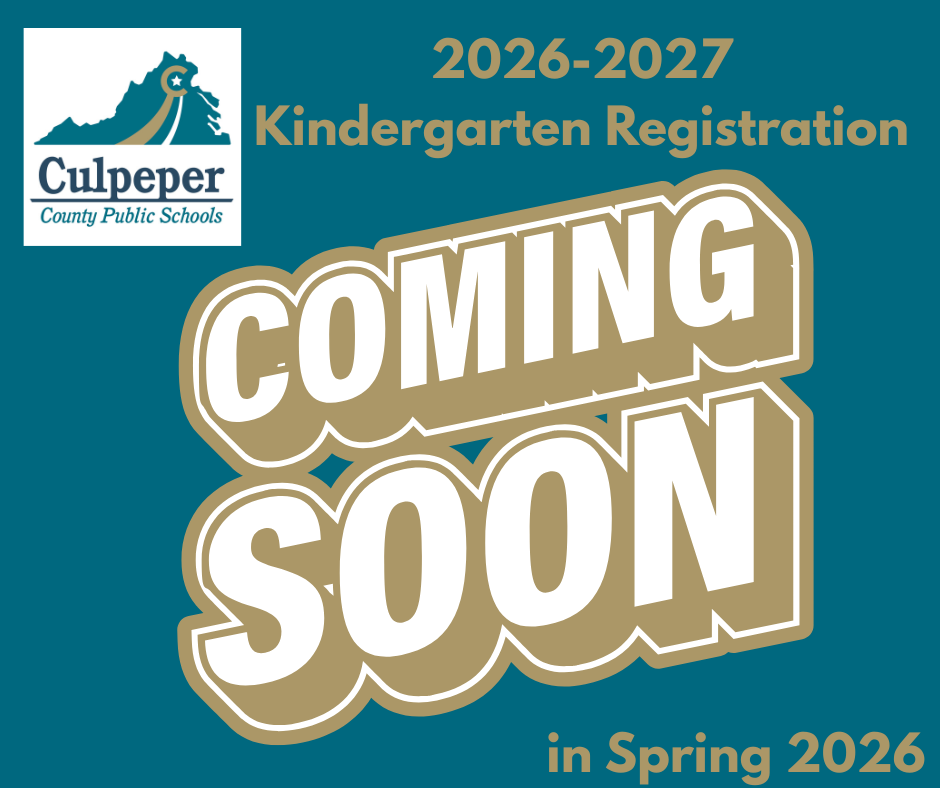 teal graphic announcing kindergarten registratino for 2026-2027 with decorative white text with a gold outline that says coming soon in spring 2026