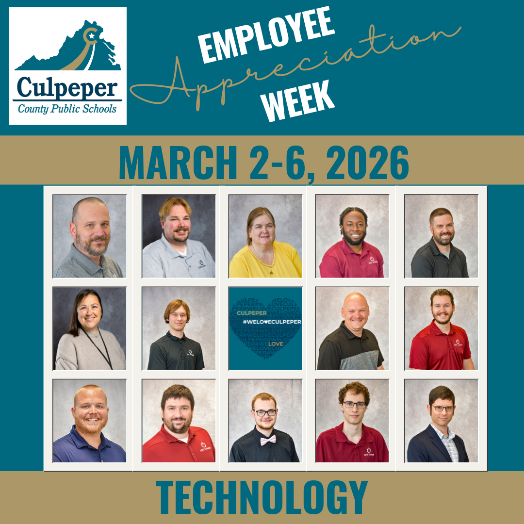 photo collage of headshots of the  ccps technology department on a teal rectangle with the CCPS logo at the top left, decorative text at the top says employee appreciation week, march 2-6, 2026, and the word technology in a gold bar on the bottom