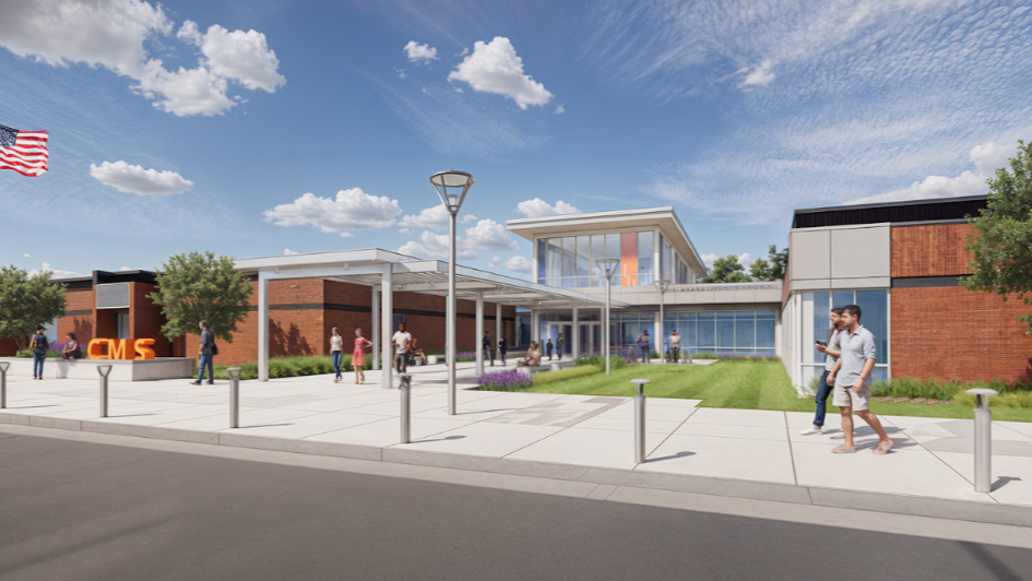 Artistic rendering of a modern building with an American flag, featuring a paved walkway with people walking by.