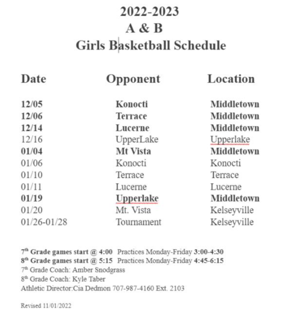 Girls Basketball schedule 