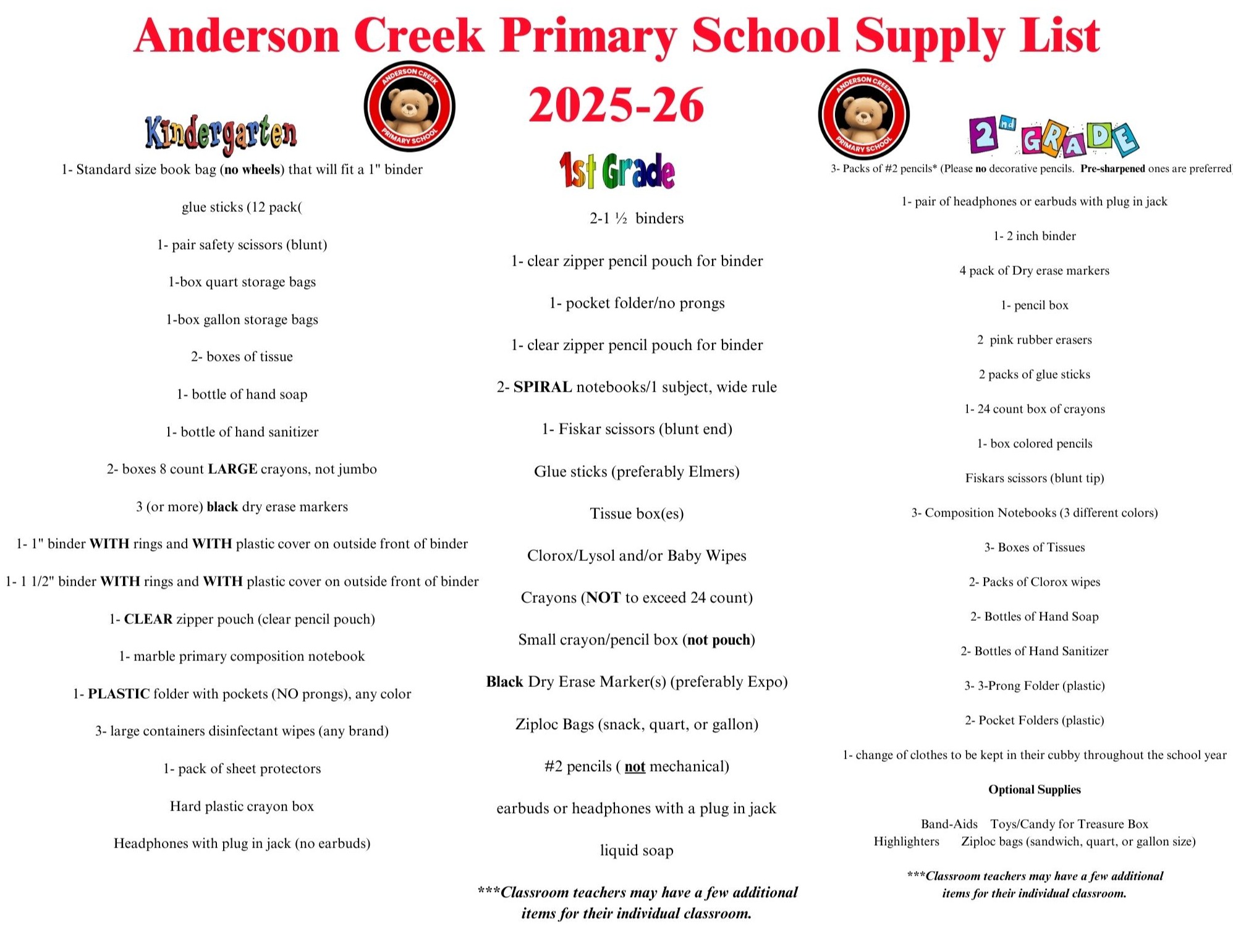 Supply Lists 2025-26