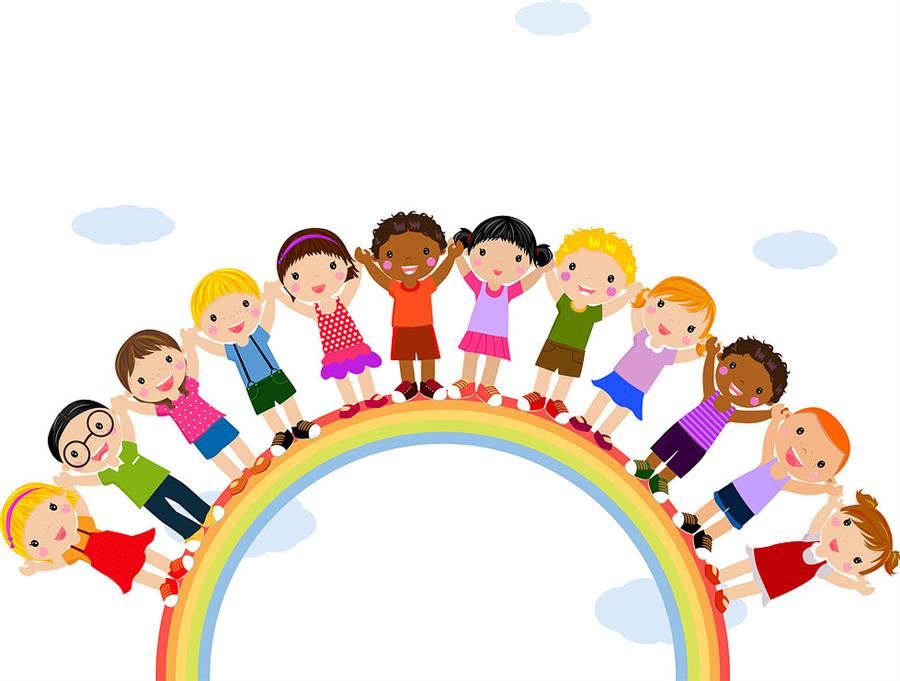 Many children holding hands on a colorful rainbow in the clouds
