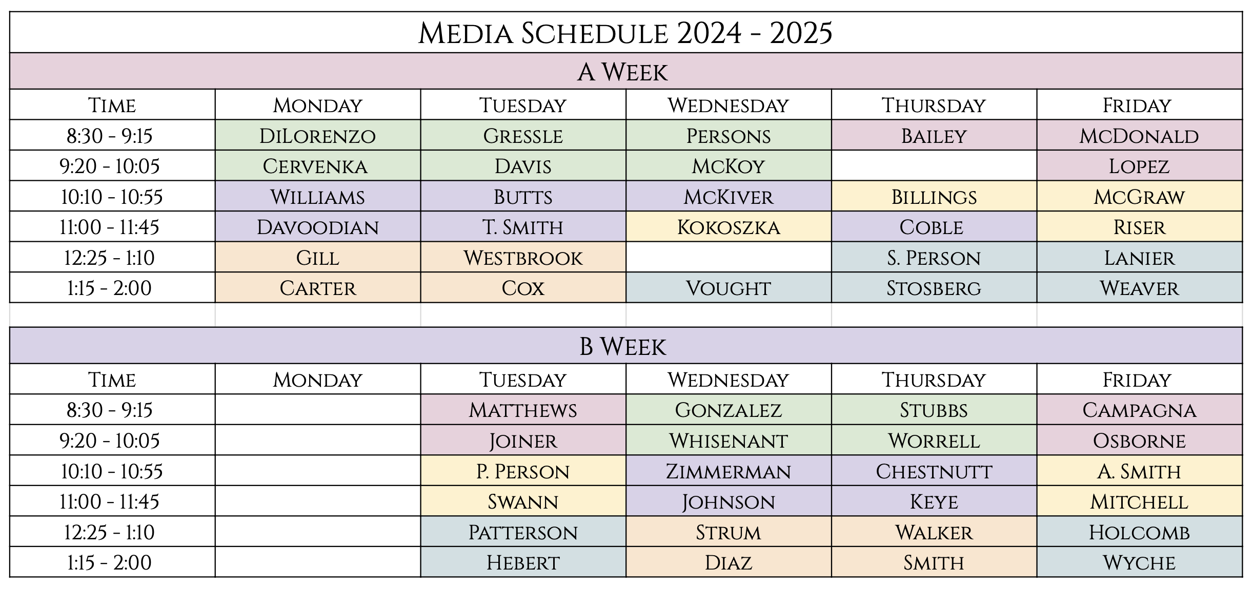 Media Schedule with Classes