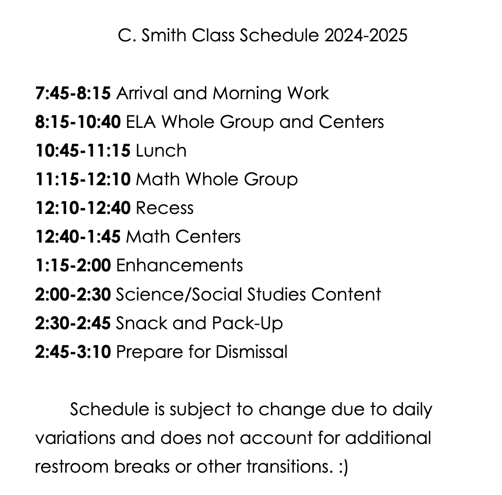 2024-2025 Class Schedule