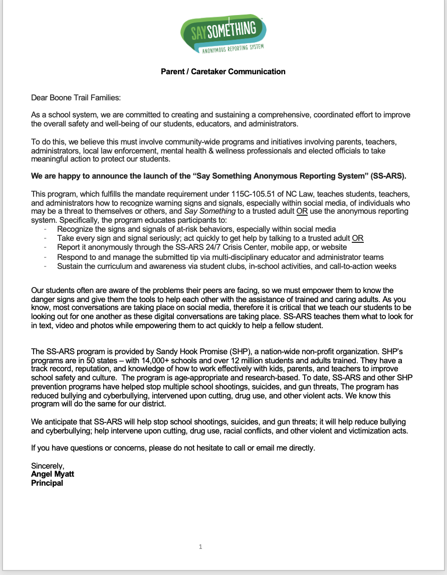 Say Something Parent Letter