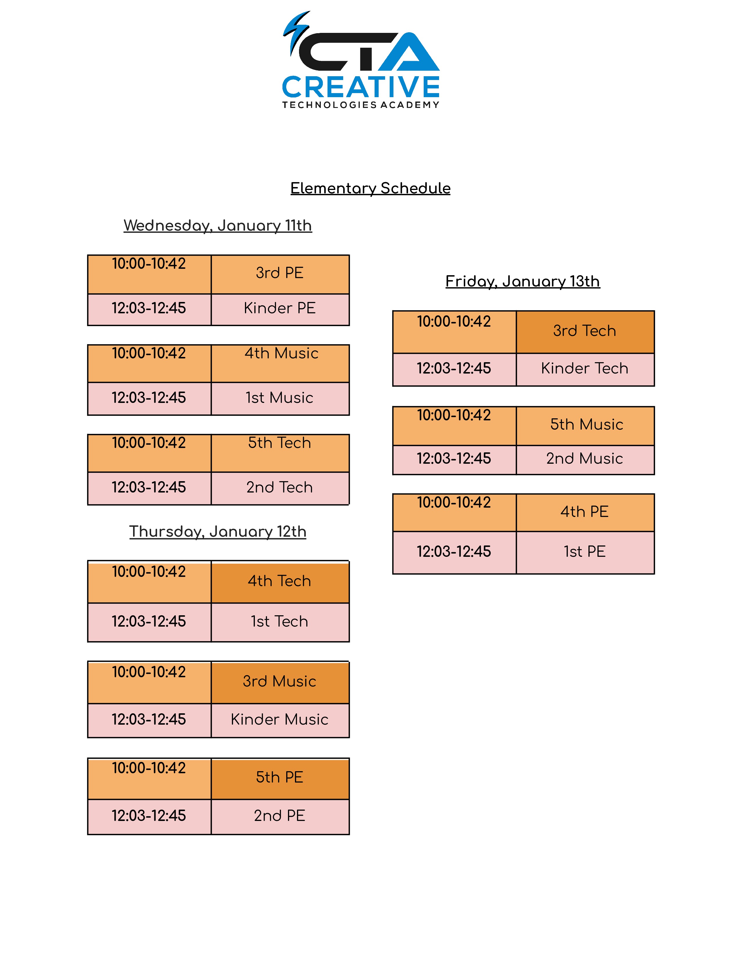 Elementary Exam Week Specials Schedule