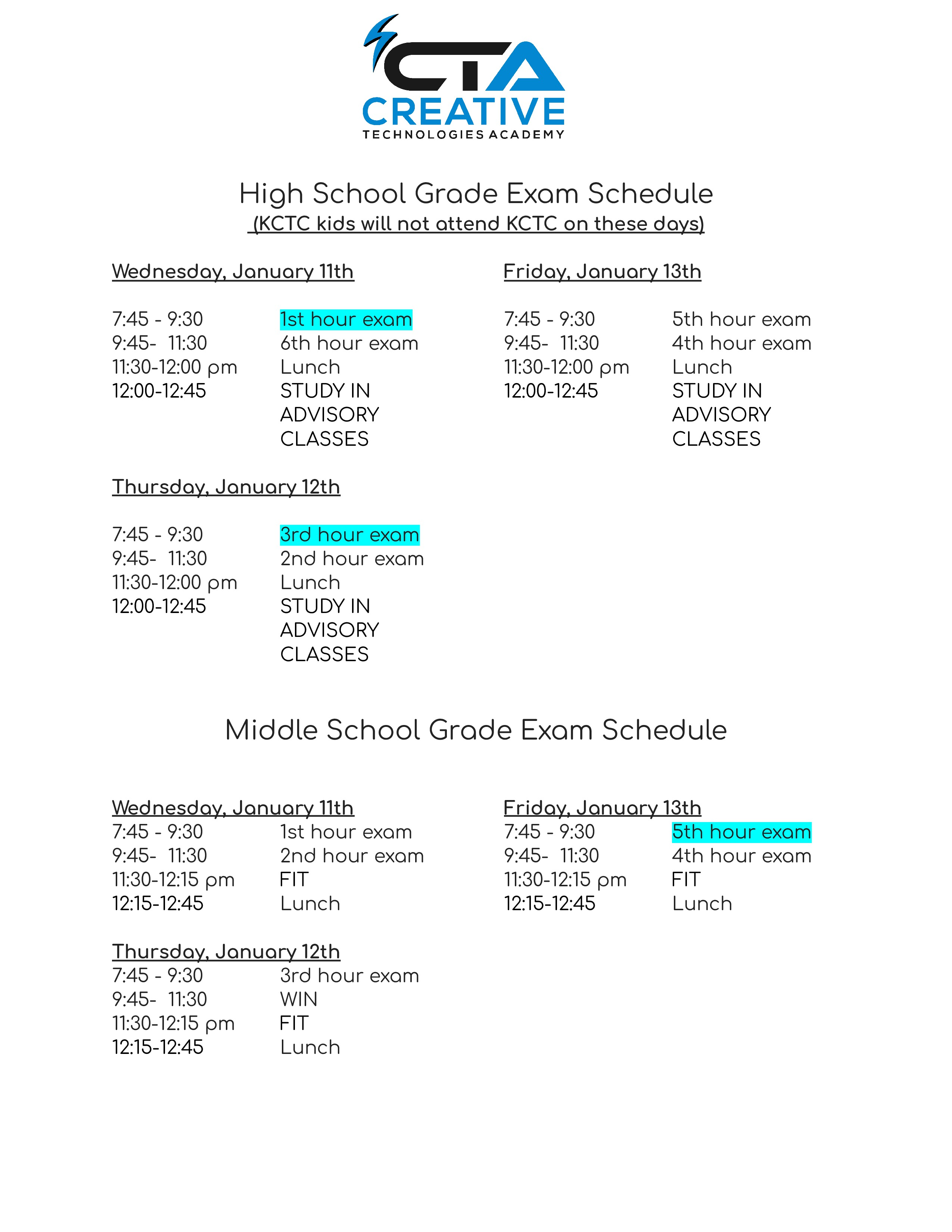 1st Semester Exam Schedule MS & HS