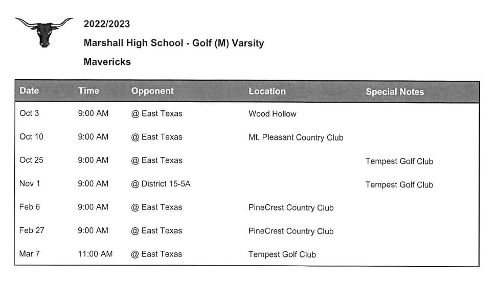 2022-2023 Golf Schedule