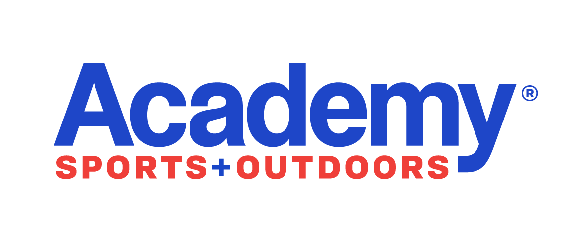 White background with blue and red text. "Academy Sports + Outdoors" logo in blue and red.