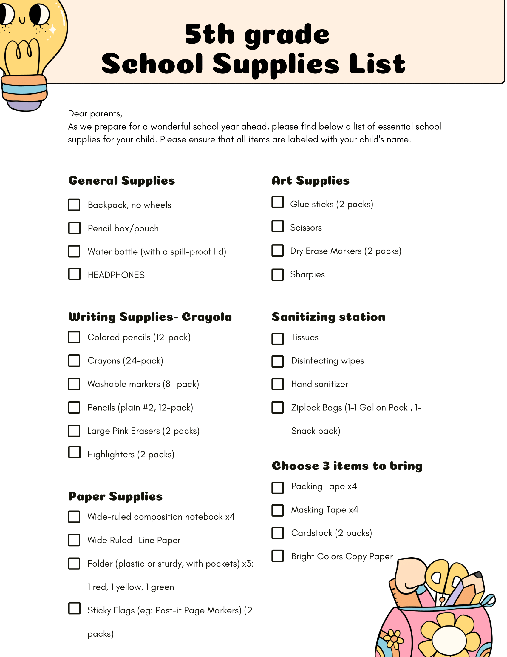 25/26 Fifth Grade Supply List