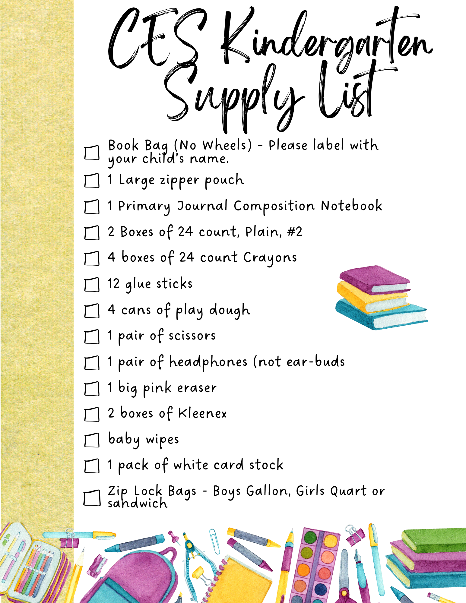 kindergarten supply list
