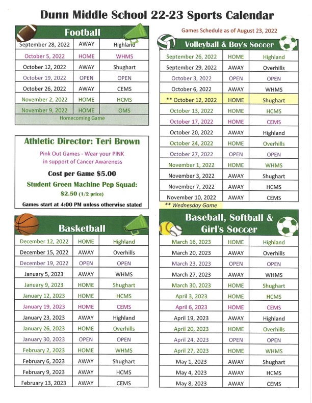 Game Schedule and Directions Dunn Middle School
