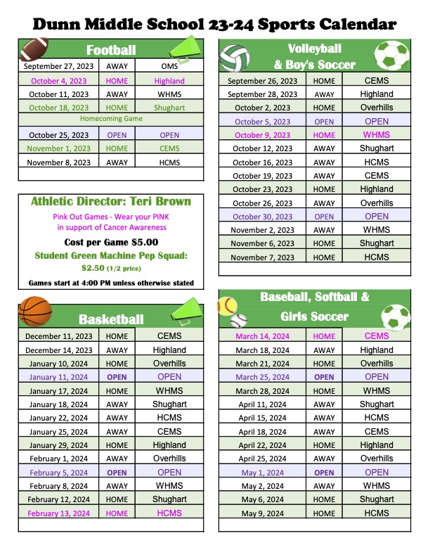 Game Schedule and Directions Dunn Middle School