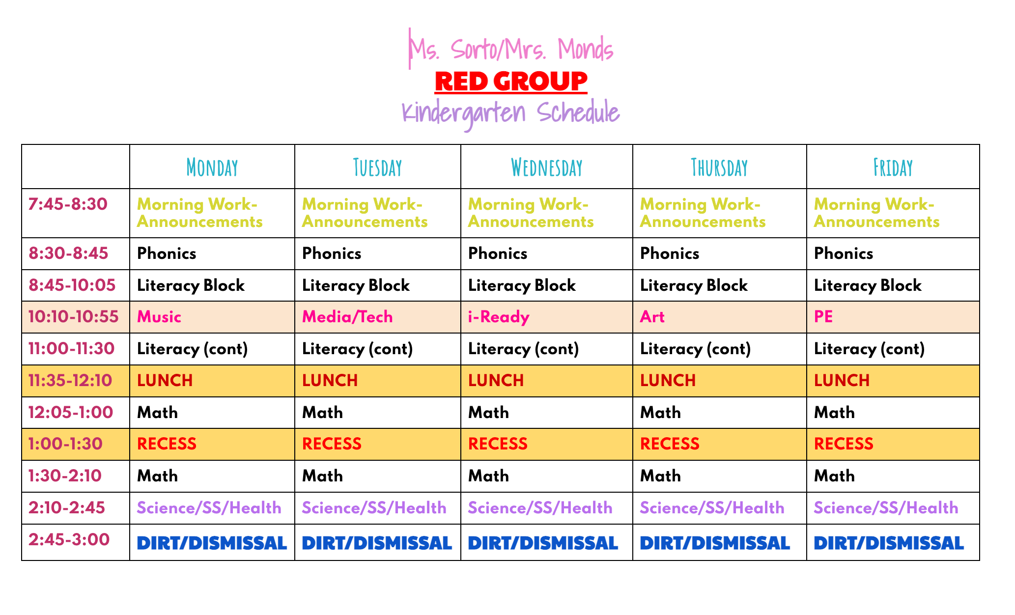 Ms. Sorto's Kindergarten Schedule