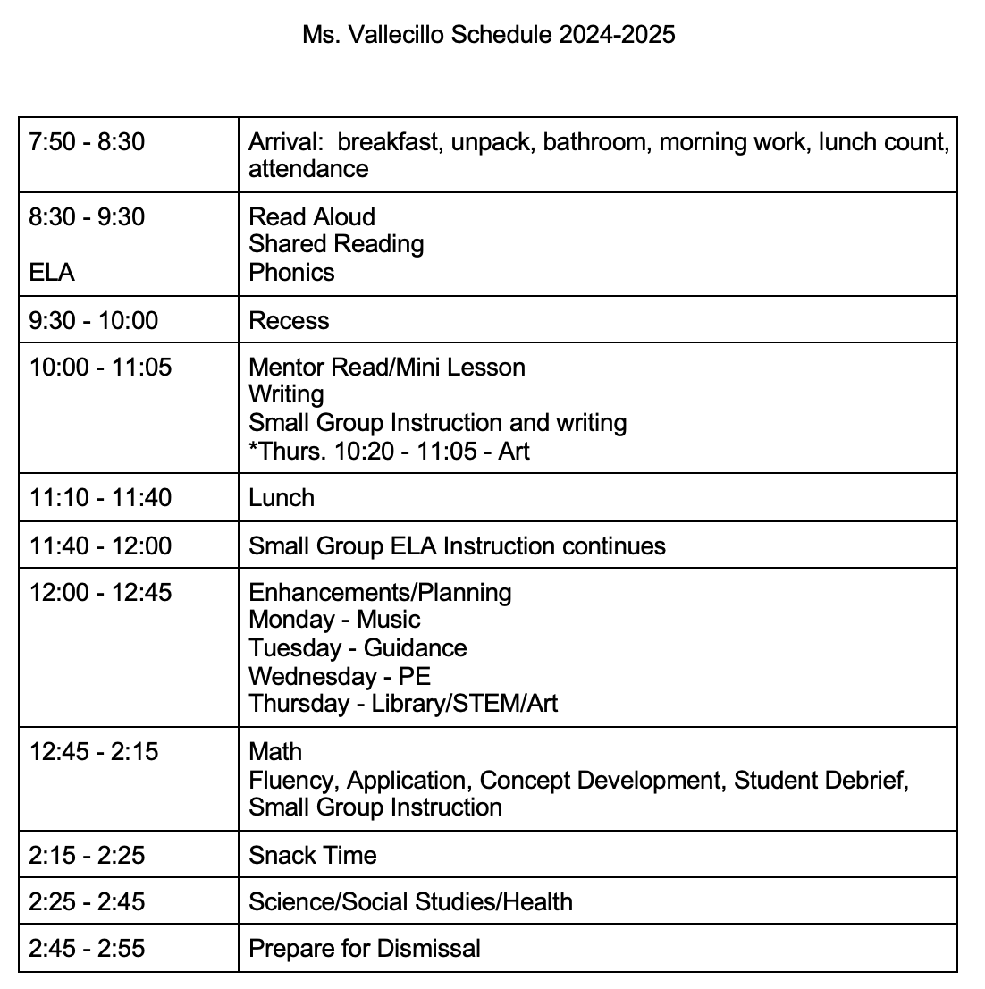 Ms. Vallecillo's schedule
