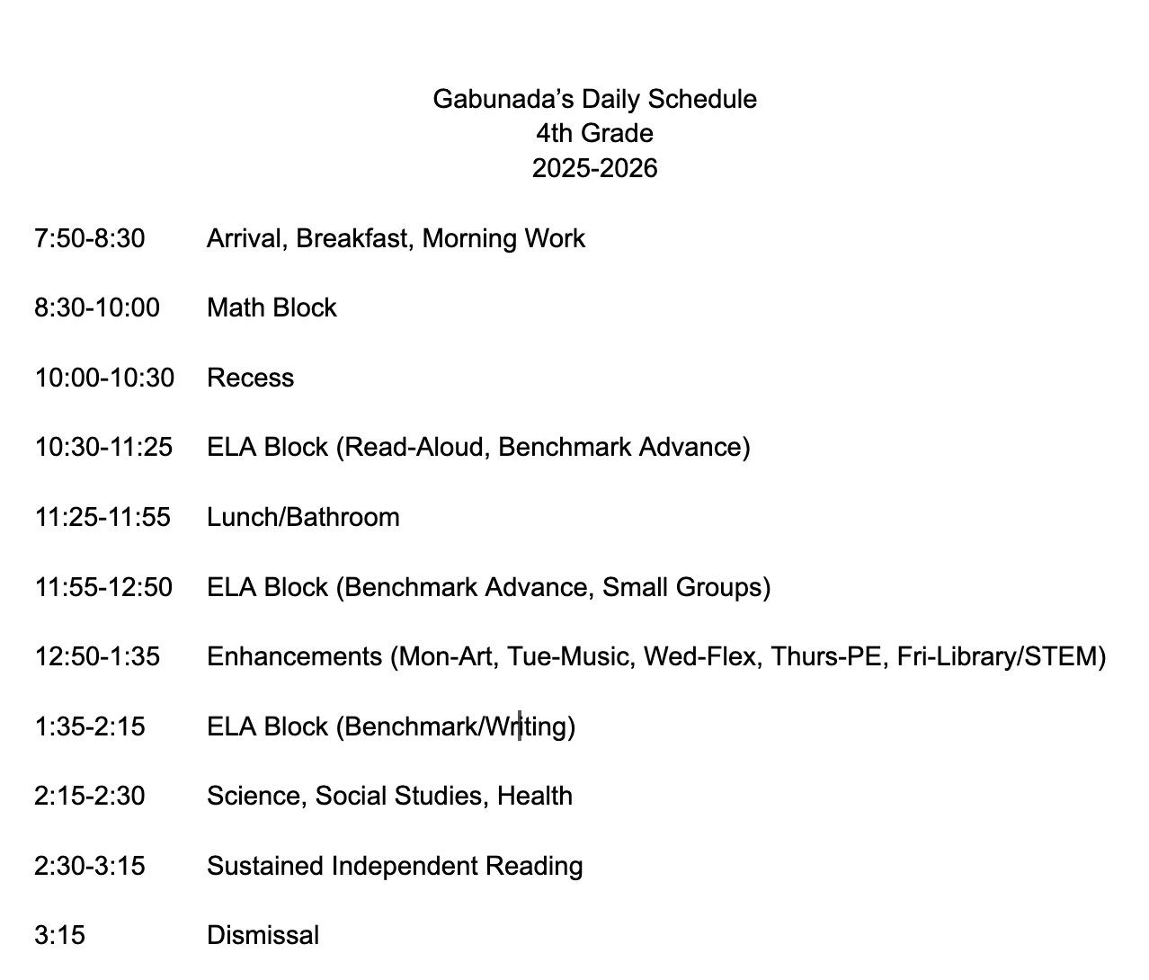 Gabunada Daily Schedule