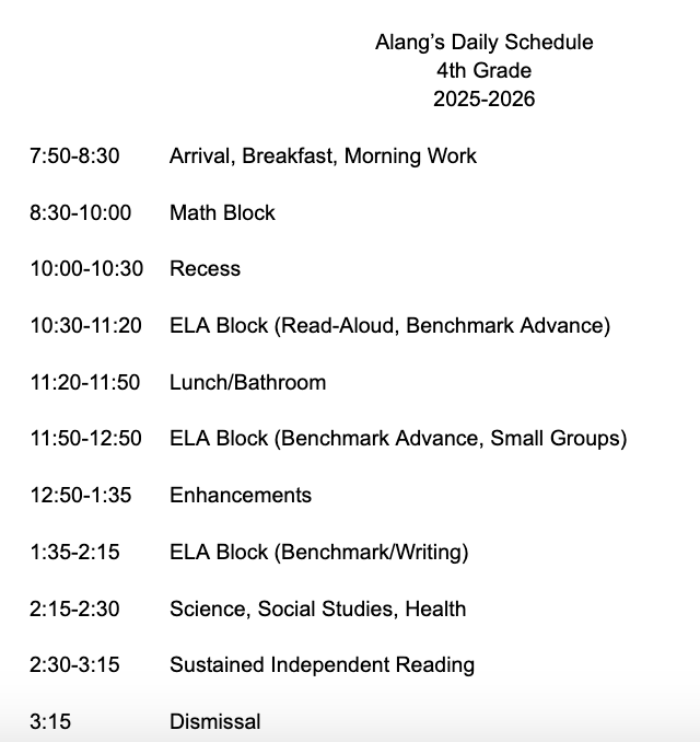 Ms. Alang's Daily Schedule