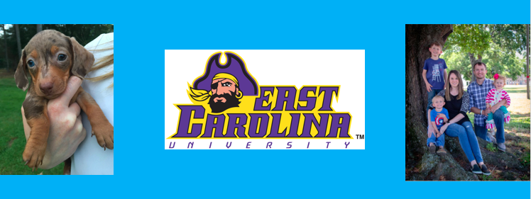 Picture of a puppy, the East Carolina University logo and Mrs. Jones with her family