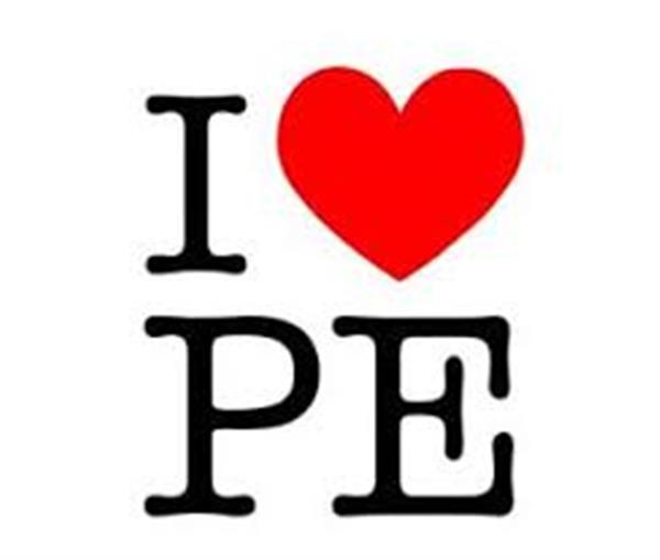 black text reading: I love PE; to symbolize "love" there is a red heart