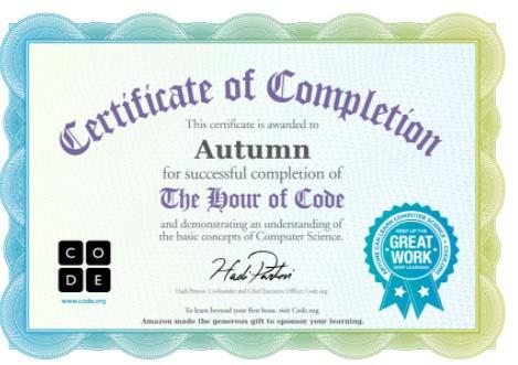 Autumn's Certificate of Completion for the Hour of Code