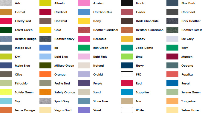 A list of shirt colors with swatches