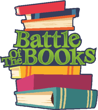 clipart image of the text "Battle of The Books" in between a stack of books