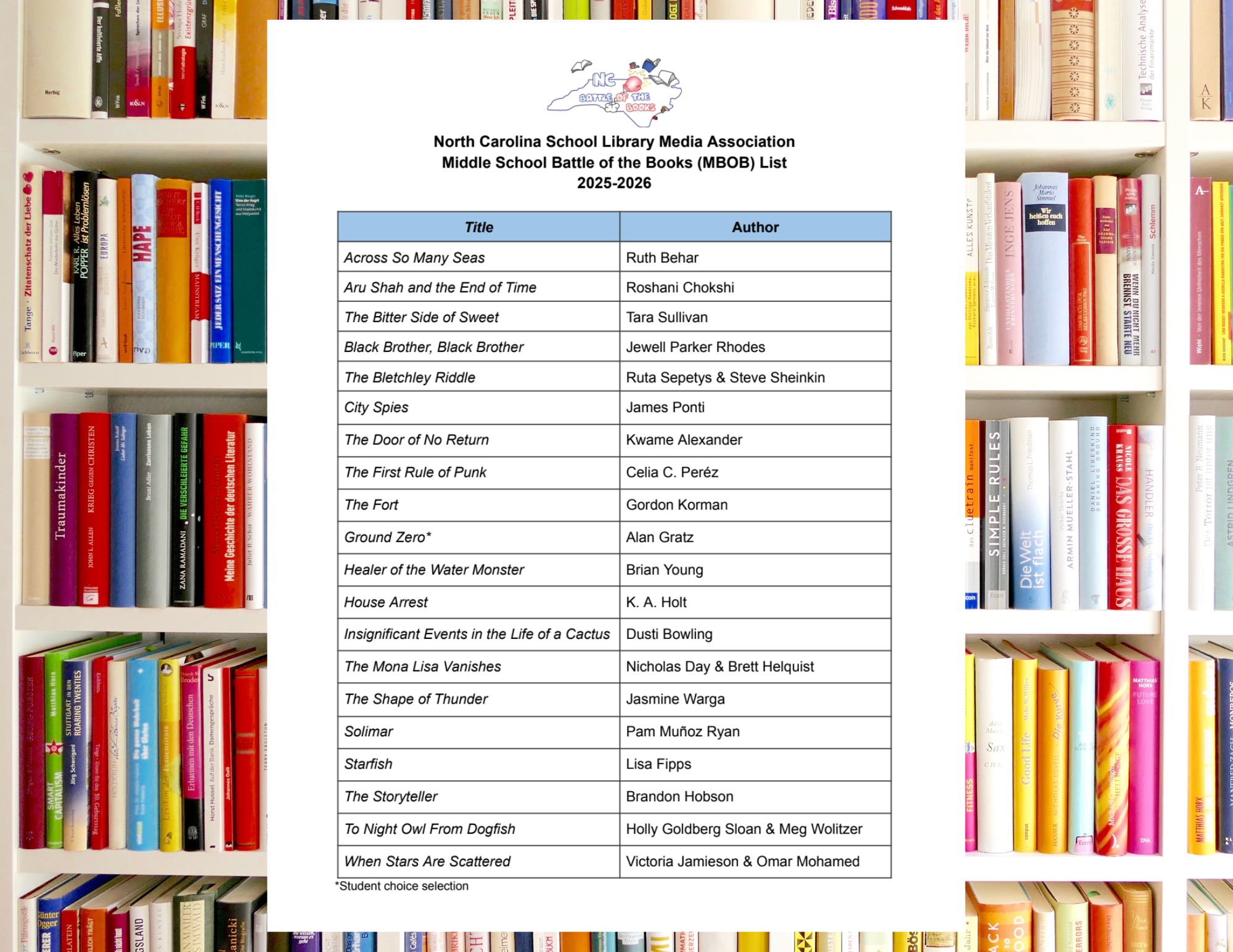 This is the 2025-2026 Battle of the Books list for North Carolina Middle Schoolers