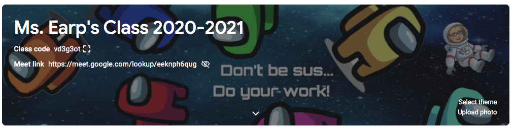 Google Classroom Page screenshot featuring Among Us characters floating in space