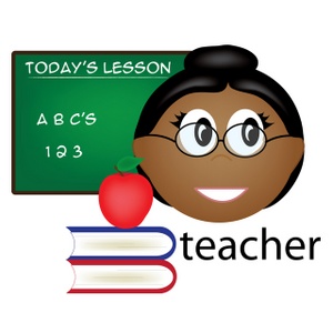 cartoon graphic of Mrs. Tewanda Smith with clipart classroom images interspersed