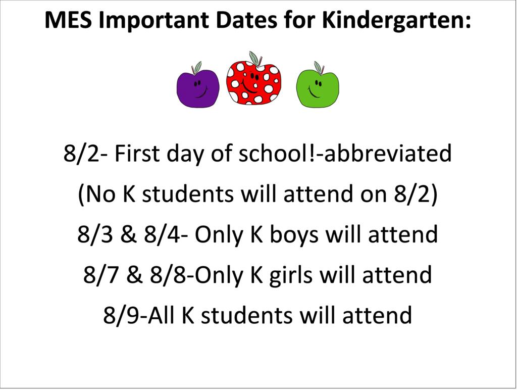 Kindergarten Important Dates