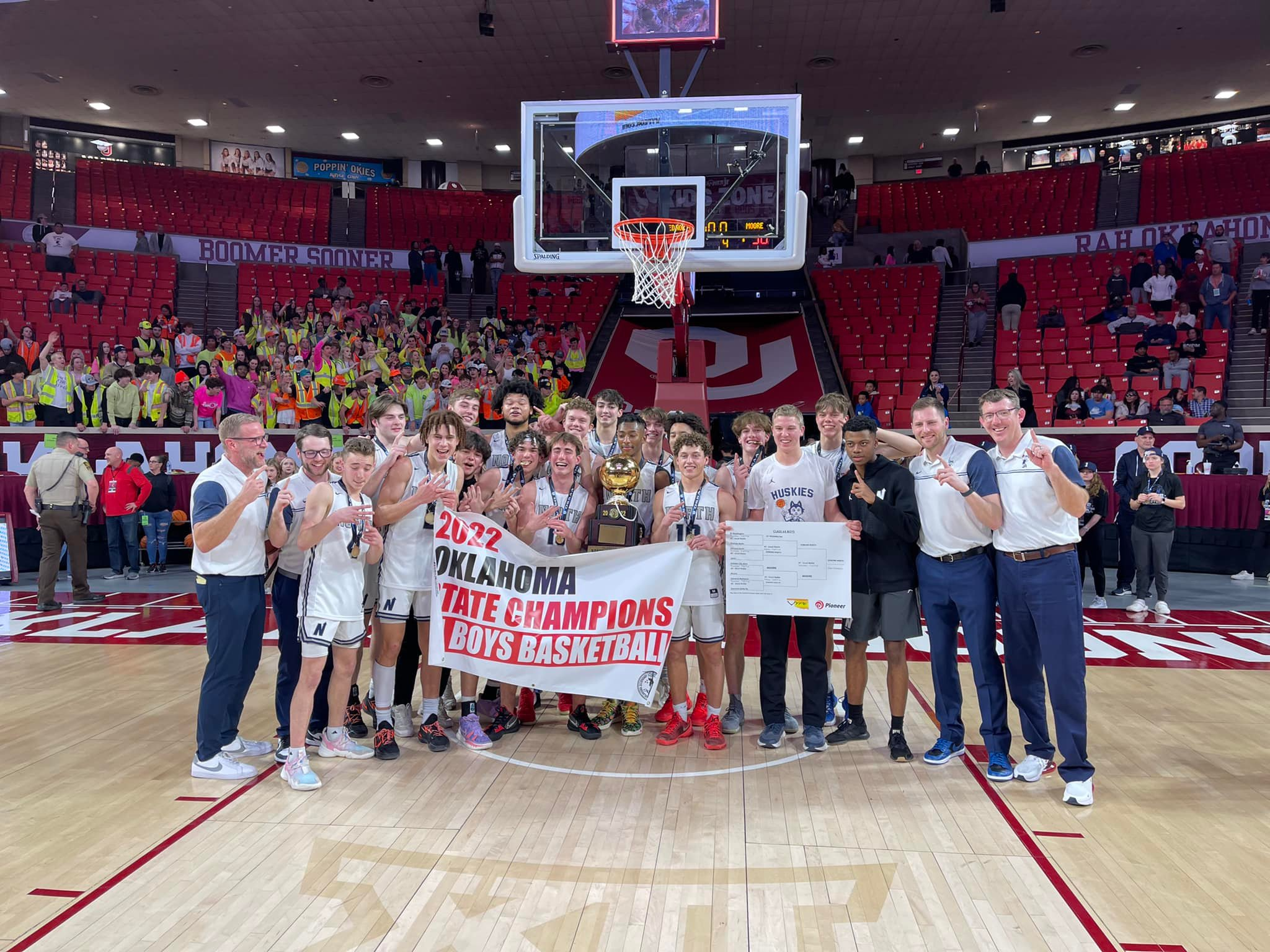 Edmond North Boys Basketball  Team Holds Up State Championship banner 