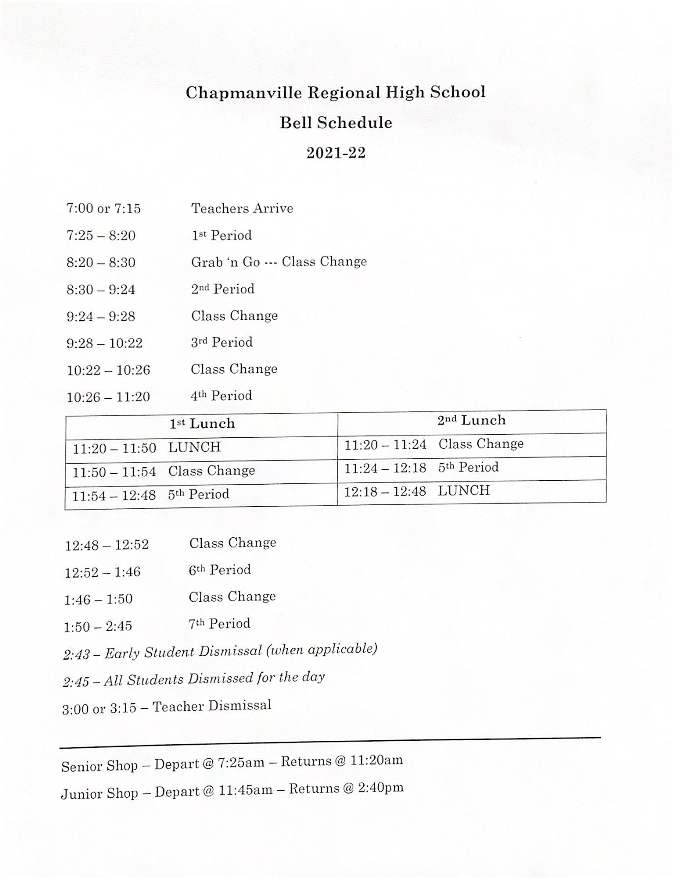 Bell Schedule | Chapmanville Regional High School