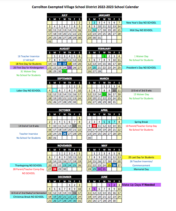 Annual Calendars Carrollton Exempted Village Schools