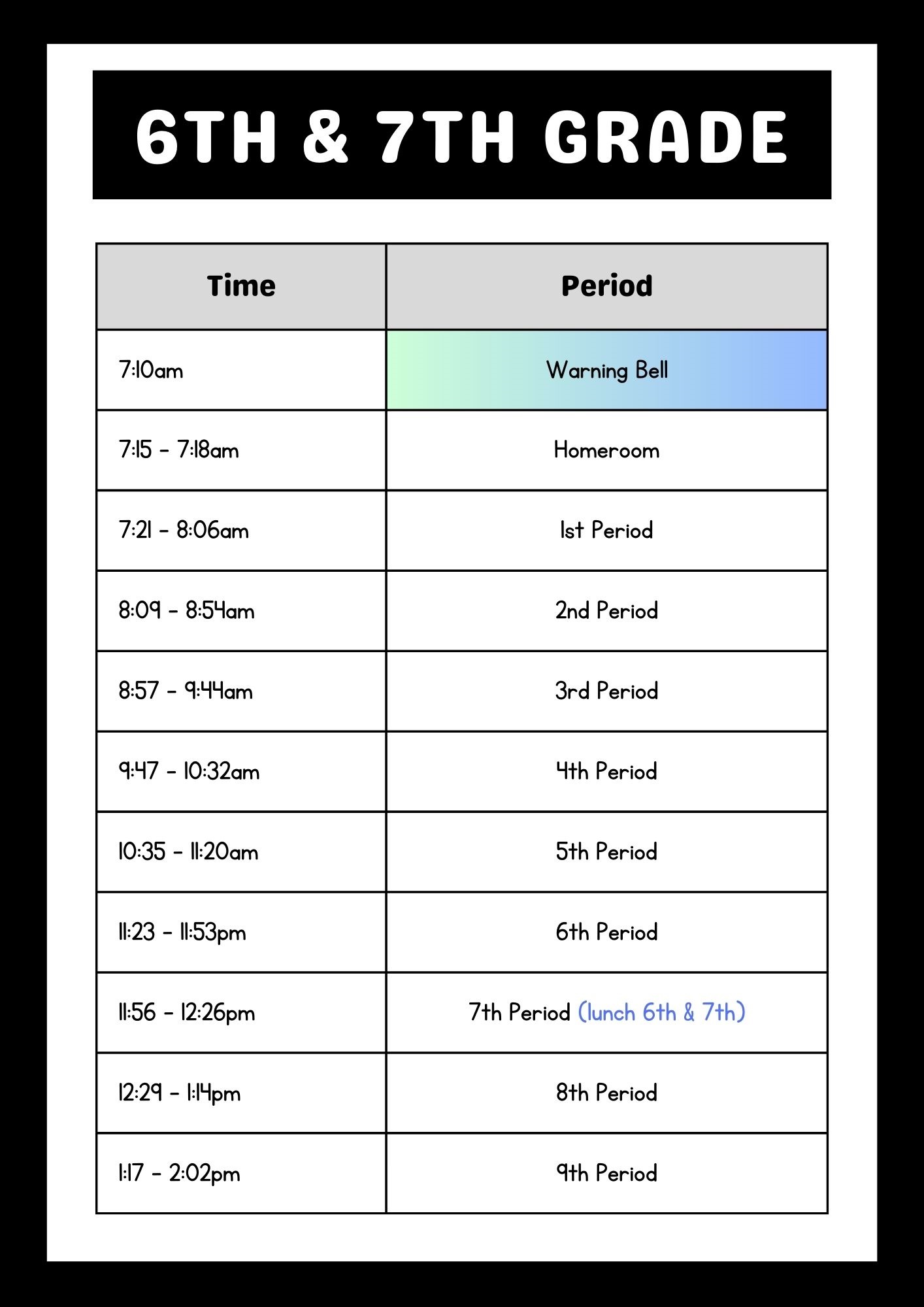 table showing bell schedule