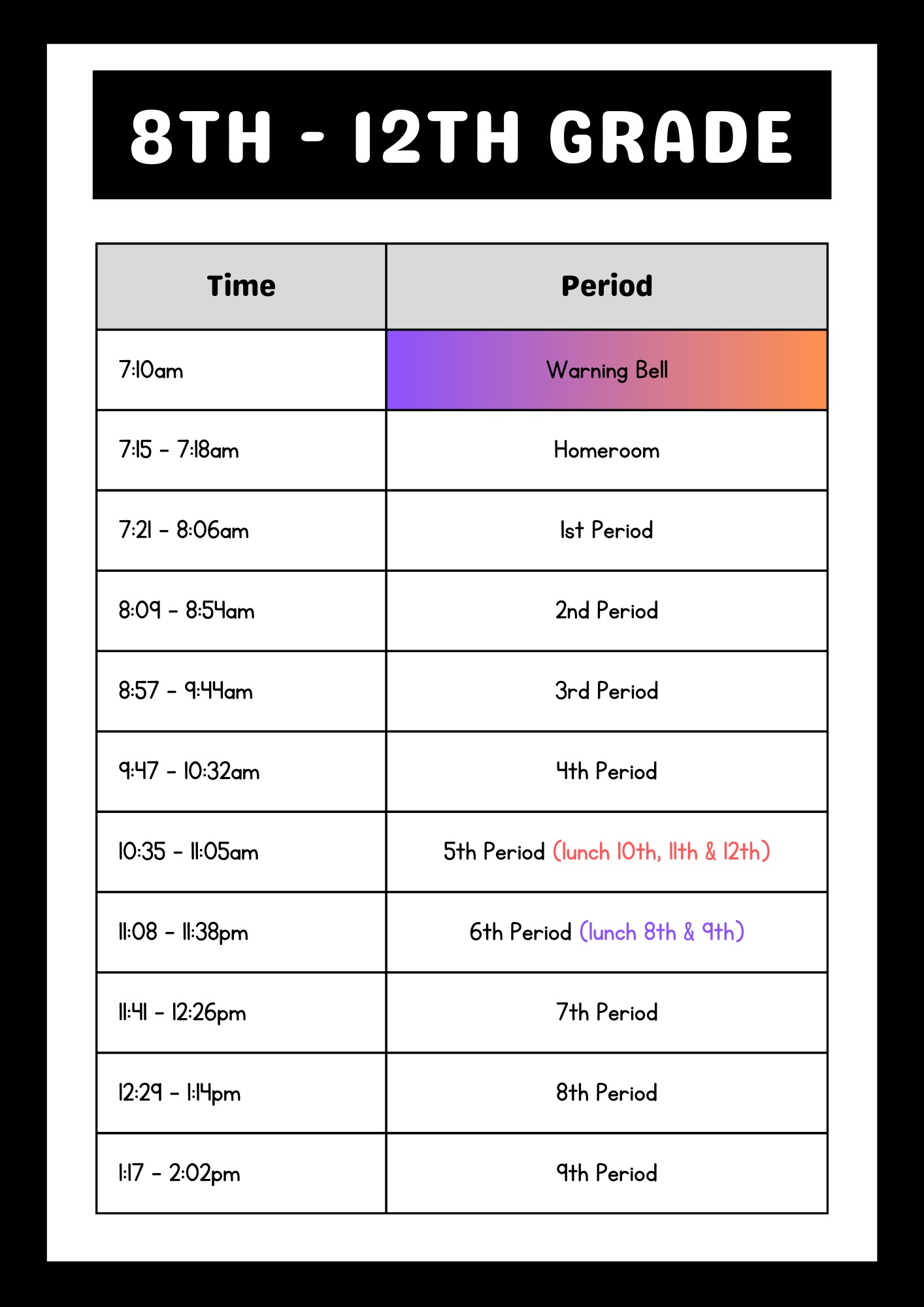 table showing bell schedule