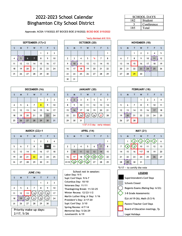 202223 Calendar At a Glance Binghamton City School District