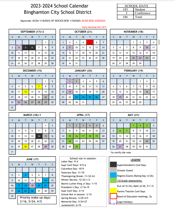 202324 Calendar At a Glance Binghamton City School District